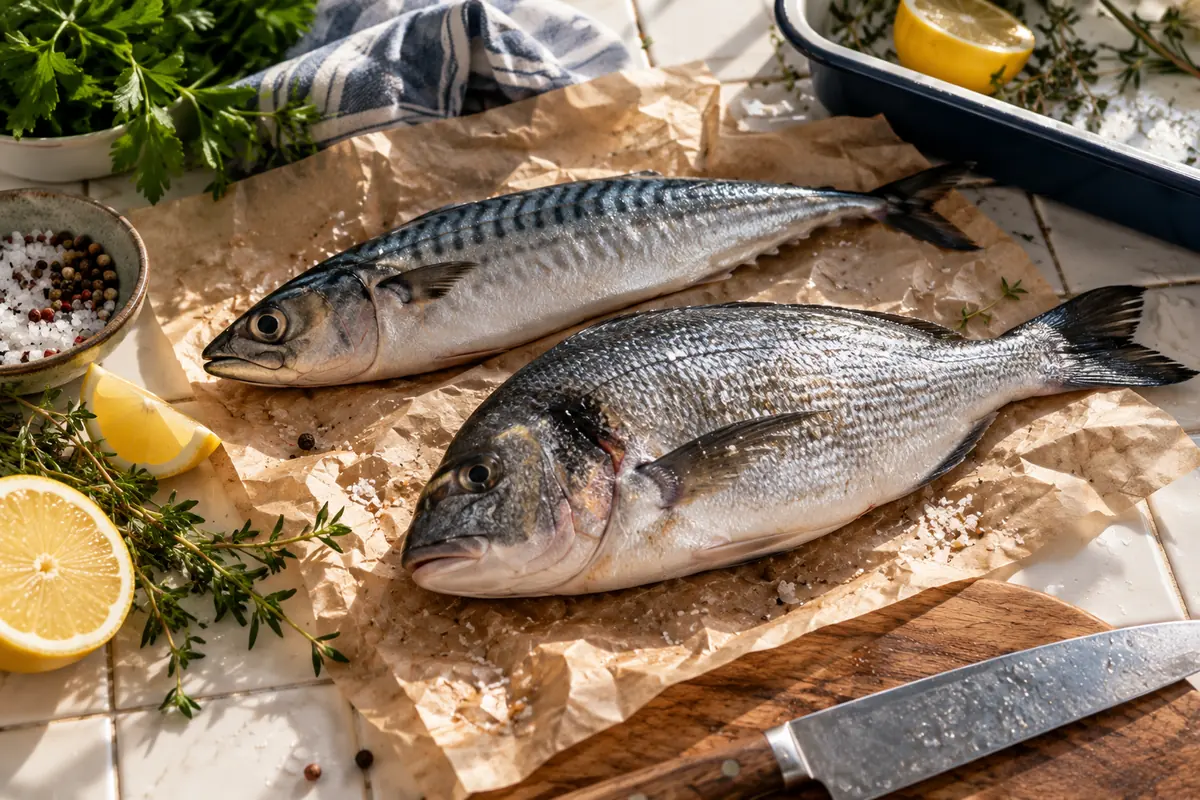 Zwei ganze Fische auf Küchenpapier mit frischen Kräutern und Zitrone