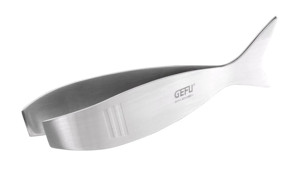 Originalprodukt GEFU TOLA: breite Edelstahl-Fischgrätenpinzette mit fischförmigem Griff