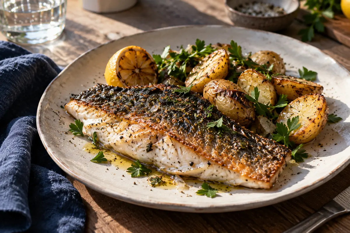 Servierter gebratener Fisch mit goldenen Kartoffeln, Kräutern und gegrillter Zitrone